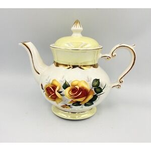 VtG England Teapot Butter Yellow Roses Gold Trim Gibsons Staffordshire 7"